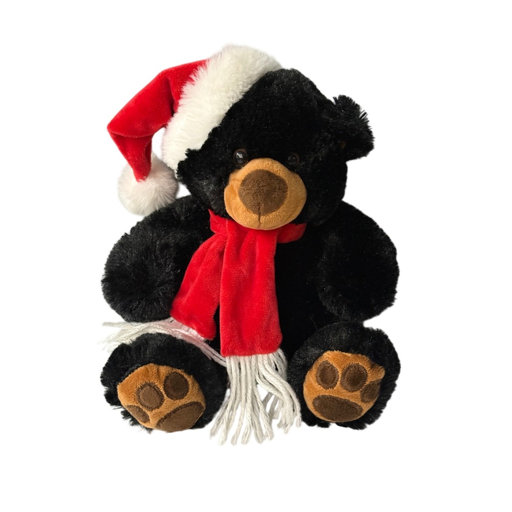 Wishpets Santa Bear Black Plush Christmas Stuffed Animal Red Scarf Hat
